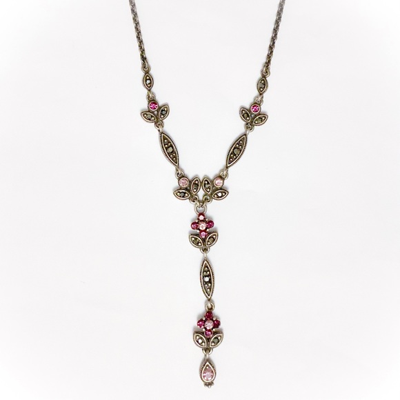 Beautiful Vintage Marcasite Purple Czech Crystal Floral Lariat Necklace - Picture 4 of 4